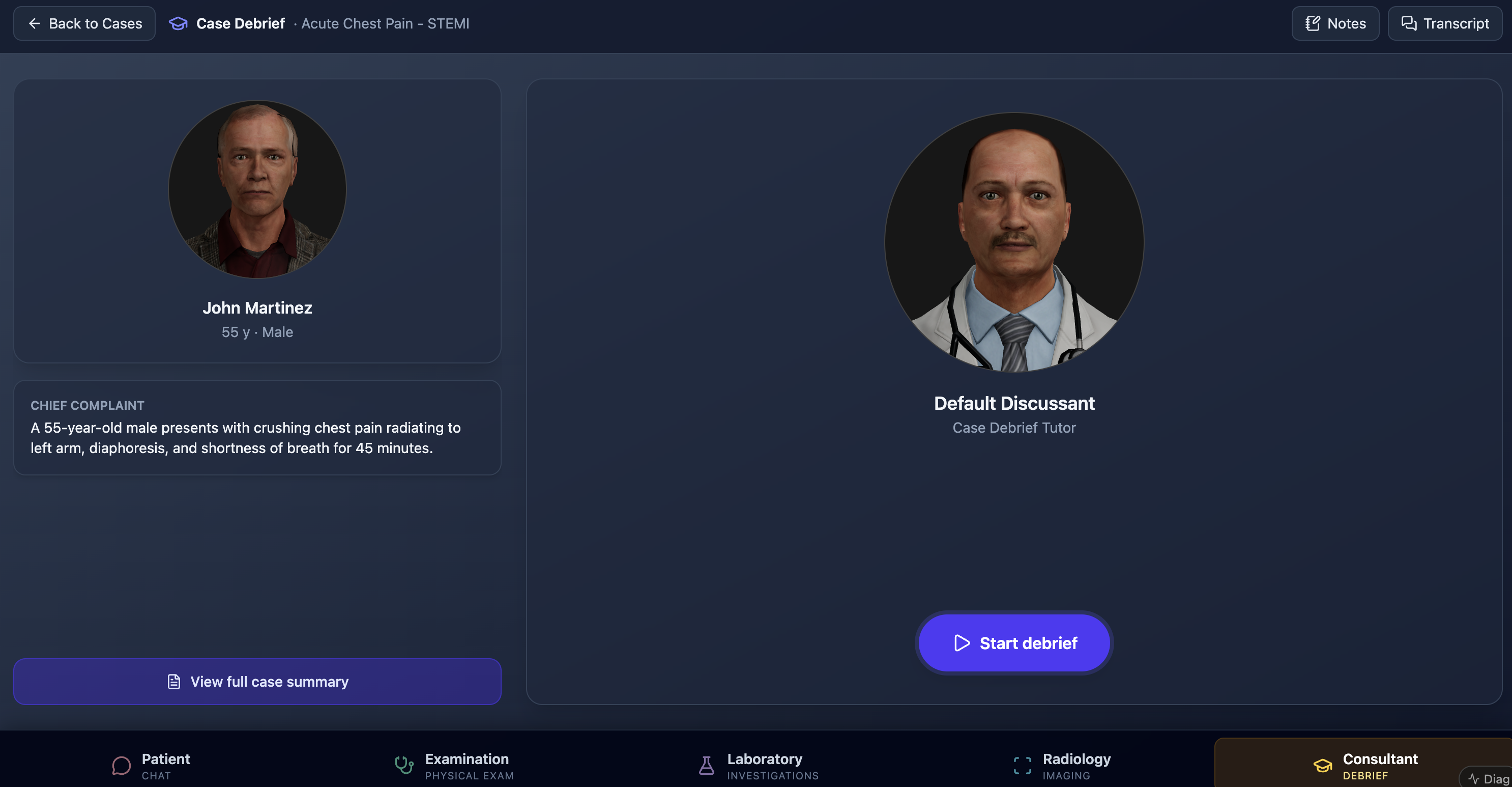 Case Debrief landing screen — patient portrait and chief complaint on the left, a Default Discussant persona labelled 'Case Debrief Tutor' on the right with a Start debrief button. The Consultant room is active in the bottom navigator.