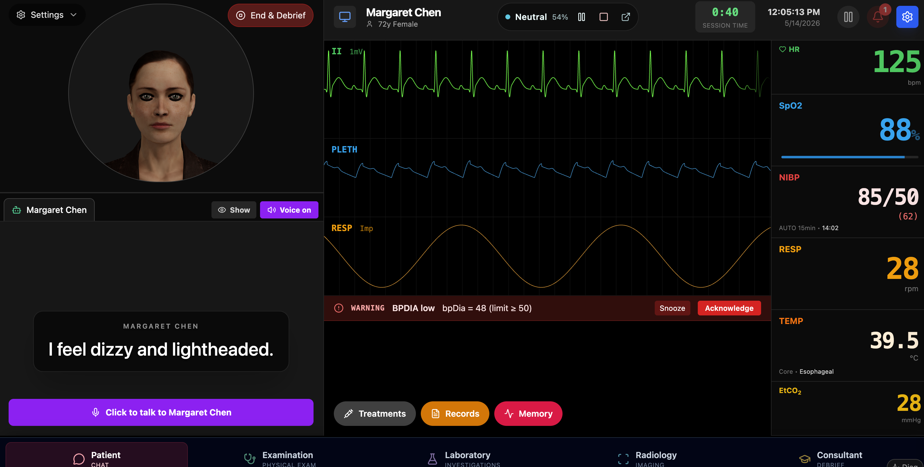 Rohy in voice mode — a 3D patient avatar with a cinema-style subtitle overlay reading 'I feel dizzy and lightheaded', live multi-lead ECG and plethysmograph, a vital-sign panel showing tachycardia and hypoxia, and an alarm banner for low diastolic pressure.